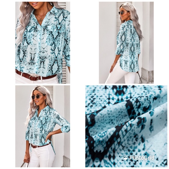 Tops - Brand New Blue Wild Snake Print Shirt with Pockets